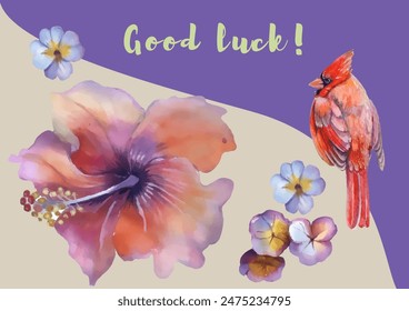 Cardinal birds and flower Hibiscus watercolor illustration. Print for greeting card, wallpaper, fabric, wrapping paper, banner. Vector illustration in a watercolor style.