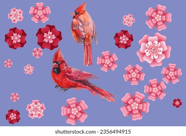 Cardinal birds and flower. Print for greeting card, wallpaper, fabric, wrapping paper, banner. Vector illustration in a watercolor style.