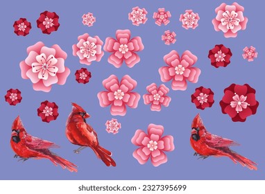 Cardinal birds and flowers. Print for greeting card, wallpaper, fabric, wrapping paper, banner.