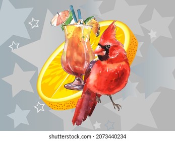 Cardinal birds and Glass of juice. Print for greeting card, wallpaper, fabric, wrapping paper, banner. Vector illustration in a watercolor style.