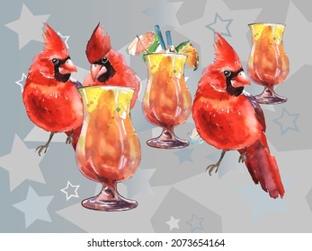 Cardinal birds and Glass of juice. Print for greeting card, wallpaper, fabric, wrapping paper, banner. Vector illustration in a watercolor style.