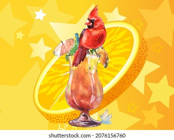 Cardinal birds and Glass of juice. Print for greeting card, wallpaper, fabric, wrapping paper, banner. Vector illustration in a watercolor style.