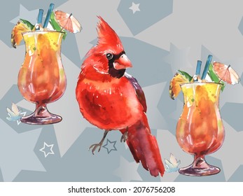 Cardinal birds and Glass of juice. Print for greeting card, wallpaper, fabric, wrapping paper, banner. Vector illustration in a watercolor style.