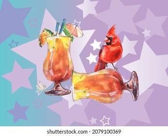 Cardinal birds and Glass of juice. Print for greeting card, wallpaper, fabric, wrapping paper, banner. Vector illustration in a watercolor style.
