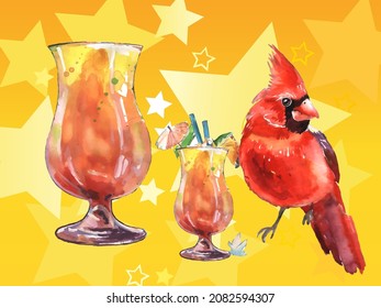 Cardinal birds and Glass of juice. Print for greeting card, wallpaper, fabric, wrapping paper, banner. Vector illustration in a watercolor style.