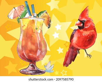Cardinal birds and Glass of juice. Print for greeting card, wallpaper, fabric, wrapping paper, banner. Vector illustration in a watercolor style.