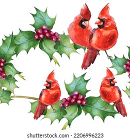Cardinal birds are a symbol of Christmas. Can be used as a postcard, cover background, or for a web message. Vector illustration in a watercolor style. Seamless Pattern.