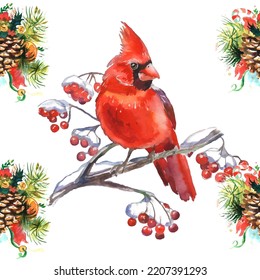 Cardinal birds are a symbol of Christmas. Can be used as a postcard, cover background, or for a web message. Vector illustration in a watercolor style. Seamless Pattern.