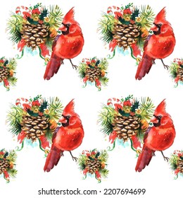Cardinal birds are a symbol of Christmas. Can be used as a postcard, cover background, or for a web message. Vector illustration in a watercolor style. Seamless Pattern.