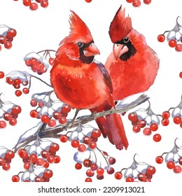 Cardinal birds are a symbol of Christmas. Can be used as a postcard, cover background, or for a web message. Vector illustration in a watercolor style. Seamless Pattern.