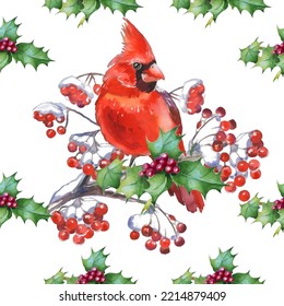 Cardinal birds are a symbol of Christmas. Can be used as a postcard, cover background, or for a web message. Vector illustration in a watercolor style. Seamless Pattern.
