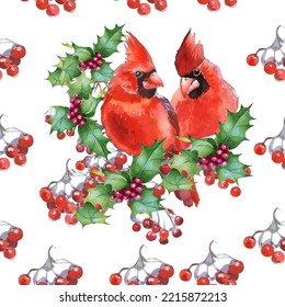 Cardinal birds are a symbol of Christmas. Can be used as a postcard, cover background, or for a web message. Vector illustration in a watercolor style. Seamless Pattern.
