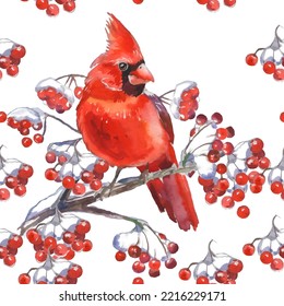 Cardinal birds are a symbol of Christmas. Can be used as a postcard, cover background, or for a web message. Vector illustration in a watercolor style. Seamless Pattern.
