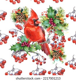 Cardinal birds are a symbol of Christmas. Can be used as a postcard, cover background, or for a web message. Vector illustration in a watercolor style. Seamless Pattern.
