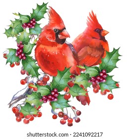 Cardinal birds are a symbol of Christmas. Can be used as a postcard, cover background, or for a web message. Vector illustration in a watercolor style. Seamless Pattern.
