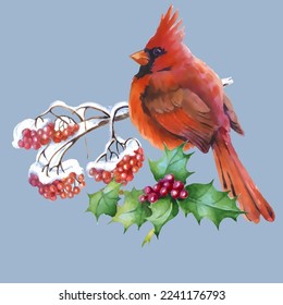 Cardinal birds are a symbol of Christmas. Can be used as a postcard, cover background, or for a web message. Vector illustration in a watercolor style. Seamless Pattern.

