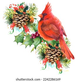 Cardinal birds are a symbol of Christmas. Can be used as a postcard, cover background, or for a web message. Vector illustration in a watercolor style. Seamless Pattern.

