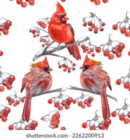 Cardinal birds are a symbol of Christmas. Can be used as a postcard, cover background, or for a web message. Vector illustration in a watercolor style. Seamless Pattern.
