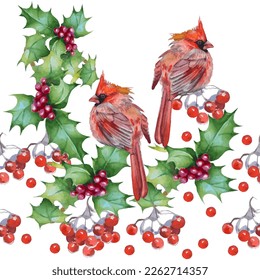 Cardinal birds are a symbol of Christmas. Can be used as a postcard, cover background, or for a web message. Vector illustration in a watercolor style. Seamless Pattern.
