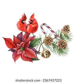 Cardinal birds are a symbol of Christmas. Can be used as a postcard, cover background, or for a web message. Vector illustration in a watercolor style.