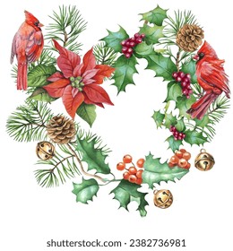 Cardinal birds are a symbol of Christmas. Can be used as a postcard, cover background, or for a web message. Vector illustration in a watercolor style.