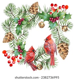 Cardinal birds are a symbol of Christmas. Can be used as a postcard, cover background, or for a web message. Vector illustration in a watercolor style.