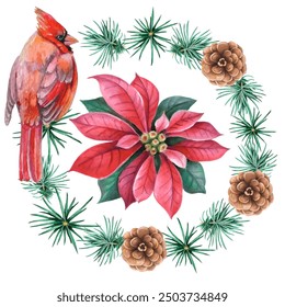 Cardinal birds are a symbol of Christmas. Can be used as a postcard, cover background, or for a web message. Vector illustration in a watercolor style.