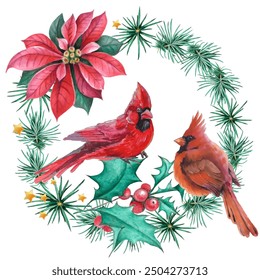 Cardinal birds are a symbol of Christmas. Can be used as a postcard, cover background, or for a web message. Vector illustration in a watercolor style.