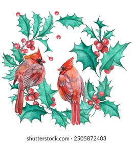 Cardinal birds are a symbol of Christmas. Can be used as a postcard, cover background, or for a web message. Vector illustration in a watercolor style.