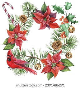 Cardinal birds - a symbol of Christmas, ripe red pomegranate . Set of design elements isolated on white background. Vector illustration in a watercolor style.
