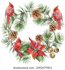 Cardinal birds - a symbol of Christmas, ripe red pomegranate . Set of design elements isolated on white background. Vector illustration in a watercolor style.
