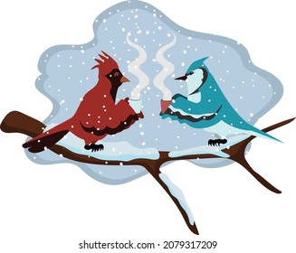 Cardinal and Bluejay enjoy hot beverage in the snow