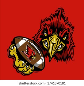 cardinal football mascot holding ball in claw for school, college or league