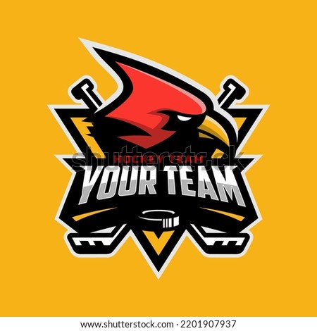 Cardinal head logo for the ice hockey team logo. vector illustration. With a combination of shields badge, puck and ice hockey stick