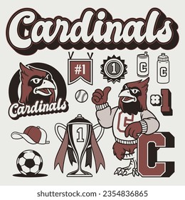 El objeto deportivo de mascota cardinal con estilo de vintage dibujado a mano