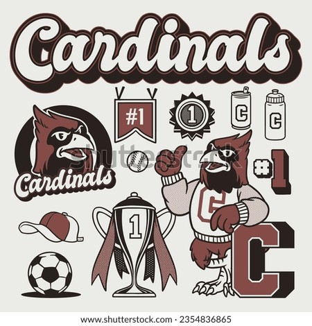 Cardinal Mascot Sport Object in Hand Drawn Vintage Style