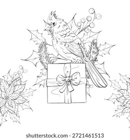 Cardeal sobre Presente Cercado por Holly e Poinsettias em Estilo Festivo para Decoração Sazonal Alegre
