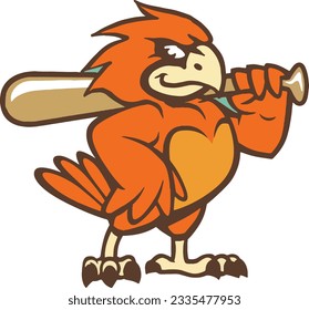 Cardinal Playing Baseball, Baseball Bird Mascot (Editable) - Vector Illustration