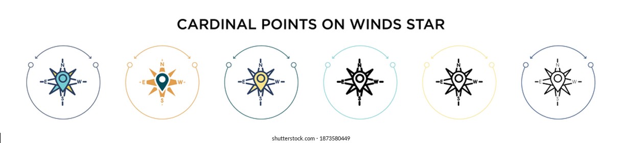 Cardinal points on winds star symbol icon in filled, thin line, outline and stroke style. Vector illustration of two colored and black cardinal points on winds star symbol vector icons designs can be