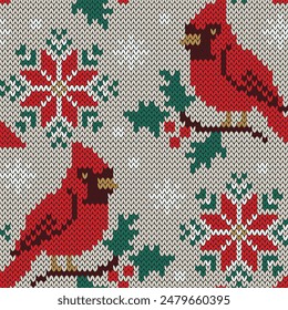 Cardinal red bird on grey background. Christmas jacquard seamless pattern. Vector illustration.