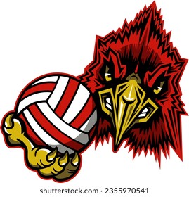 cardinal volleyball team mascot holding ball for school, college or league sports