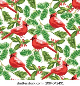 Cardinals and pine seamless repeat pattern for Christmas or holidays, wrapping paper