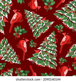 Cardinals and pine tree, holly seamless repeat pattern for Christmas or holidays, wrapping paper