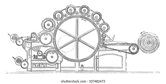 Carding machine finishing wool, vintage engraved illustration. Industrial encyclopedia E.-O. Lami - 1875.
