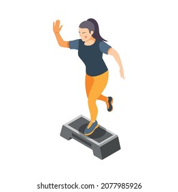 Cardio activity isometric composition with isolated human character of woman jumping on leg vector illustration