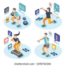 Cardio activity isometric concept with strength training ball exercises fitness weights lifting sport apps symbols vector illustration 