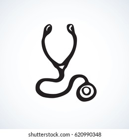 Cardio beat stethescope on white background. Web outline logo concept. Freehand linear black ink hand drawn picture emblem sketchy in art retro doodle contour style. View closeup with space for text