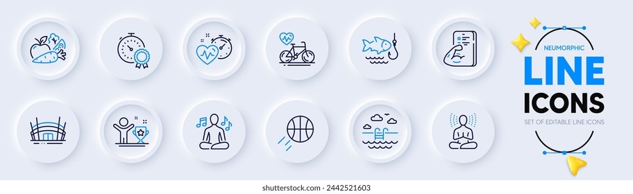 Cardio bike, Fitness and Best result line icons for web app. Pack of Yoga, Arena stadium, Fishing pictogram icons. Cardio training, Yoga music, Basketball signs. Swimming pool. Vector
