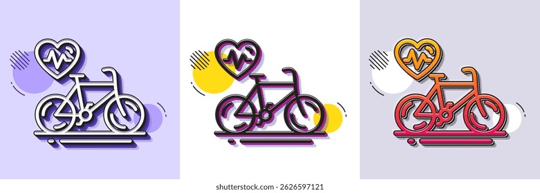 Cardio bike training line icon. Halftone dotted pattern. Gradient icon with grain shadow. Bicycle exercise sign. Gym fit heartbeat symbol. Line cardio bike icon. Various designs. Vector