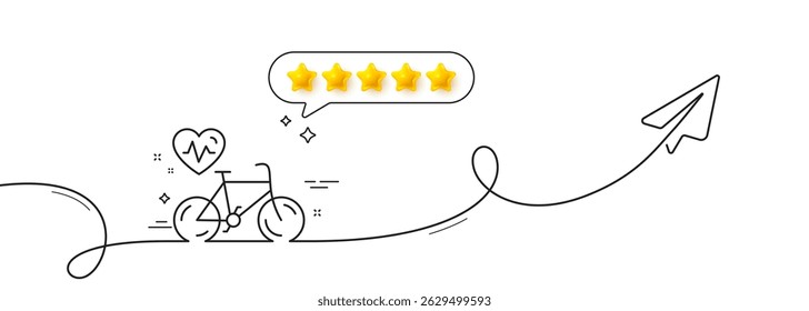 Cardio bike training line icon. Continuous line with share plane. Bicycle exercise sign. Gym fit heartbeat symbol. Five star rate review in speech bubble. Cardio bike single line ribbon. Vector